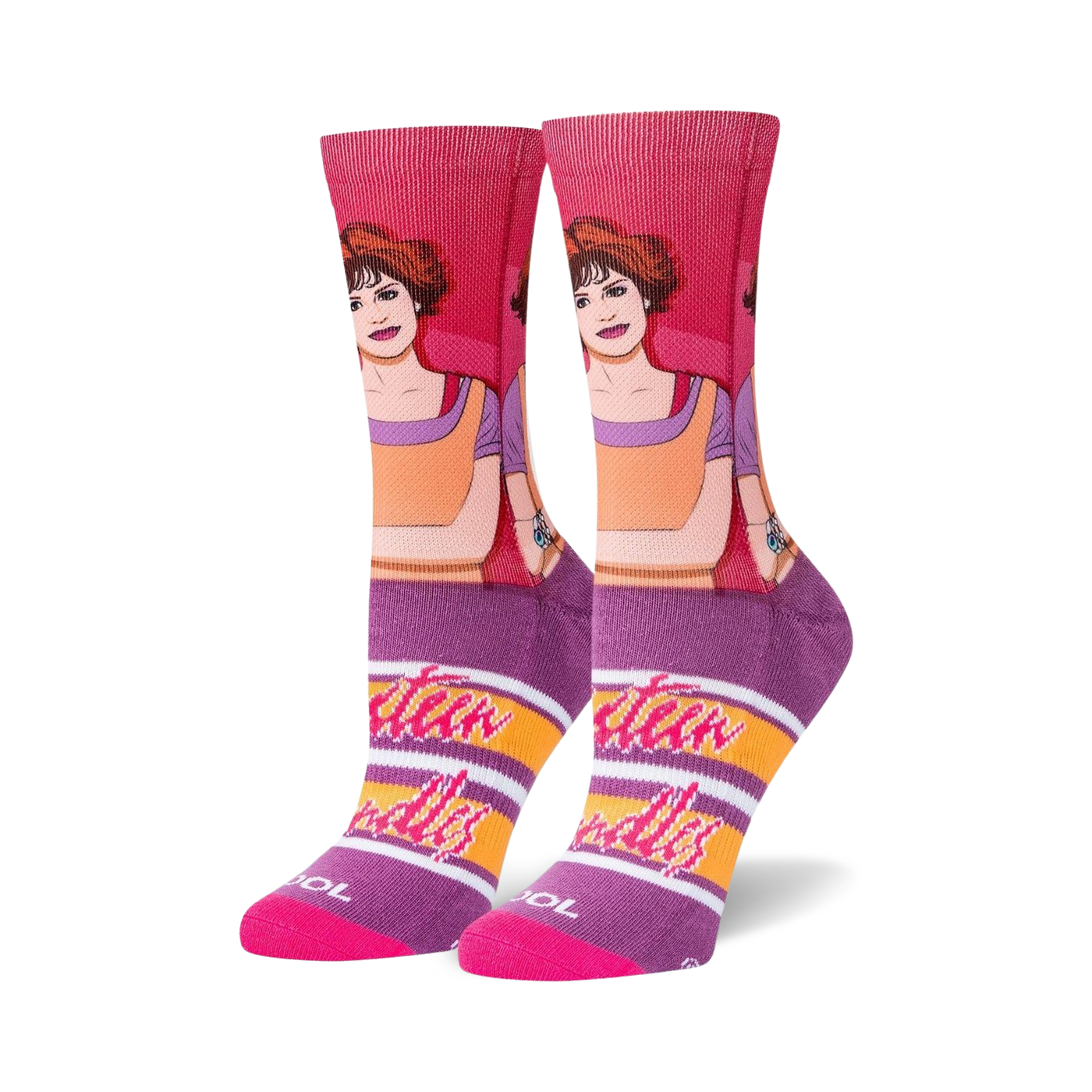 Crew socks in pink, purple, and orange, featuring a graphic portrait of Samantha Baker from Sixteen Candles and horizontal stripes.