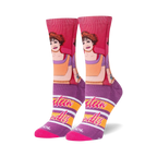 Crew socks in pink, purple, and orange, featuring a graphic portrait of Samantha Baker from Sixteen Candles and horizontal stripes.