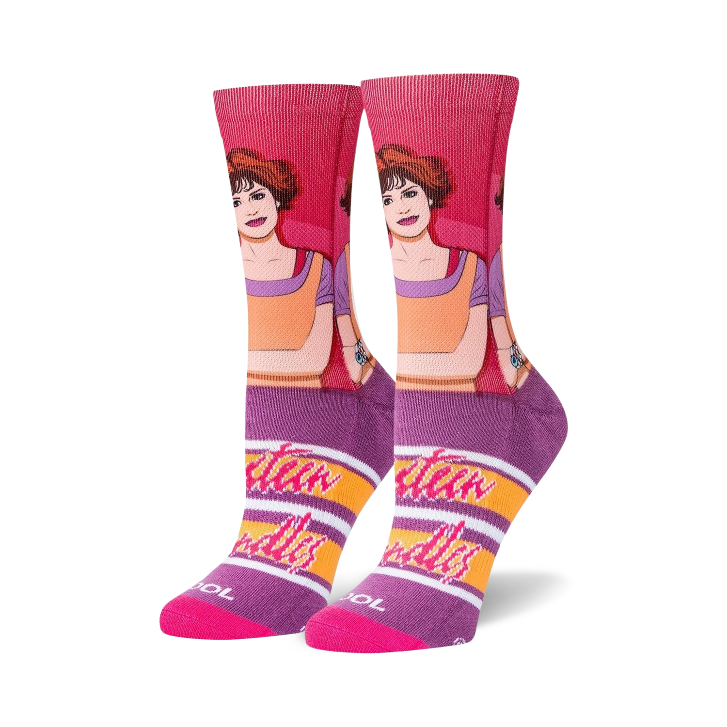 Crew socks in pink, purple, and orange, featuring a graphic portrait of Samantha Baker from Sixteen Candles and horizontal stripes.