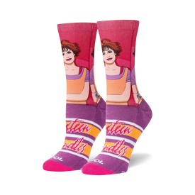 pink and purple crew socks with molly ringwald's face from the movie sixteen candles.  