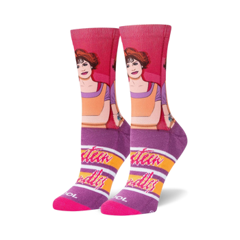 pink and purple crew socks with molly ringwald's face from the movie sixteen candles.  