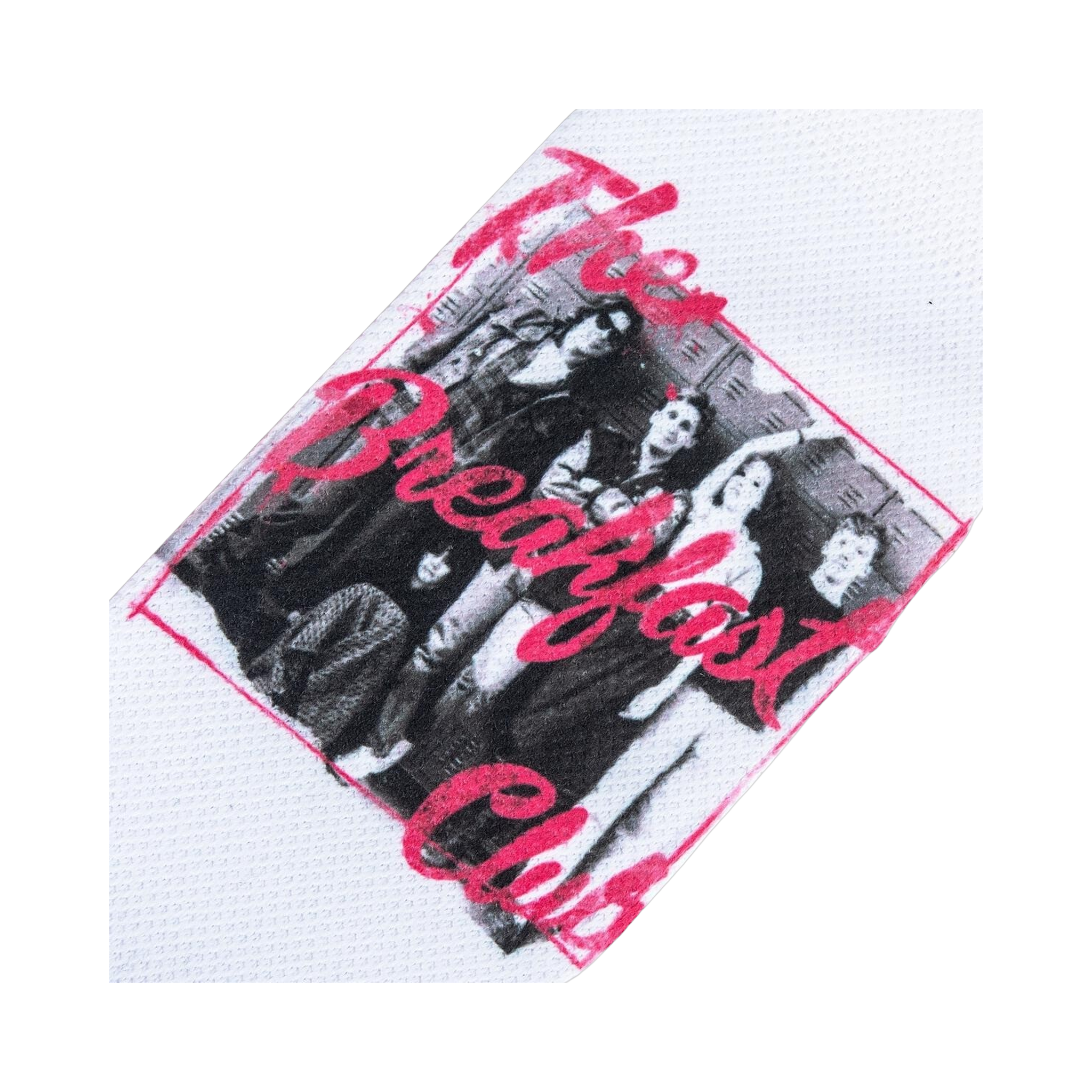Close-up detail shot of the Breakfast Club graphic on the white portion of the socks.