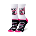 Pair of white crew socks with a black and pink trim. Features The Breakfast Club movie image and phrases like 'Brain' and 'Rebel'.