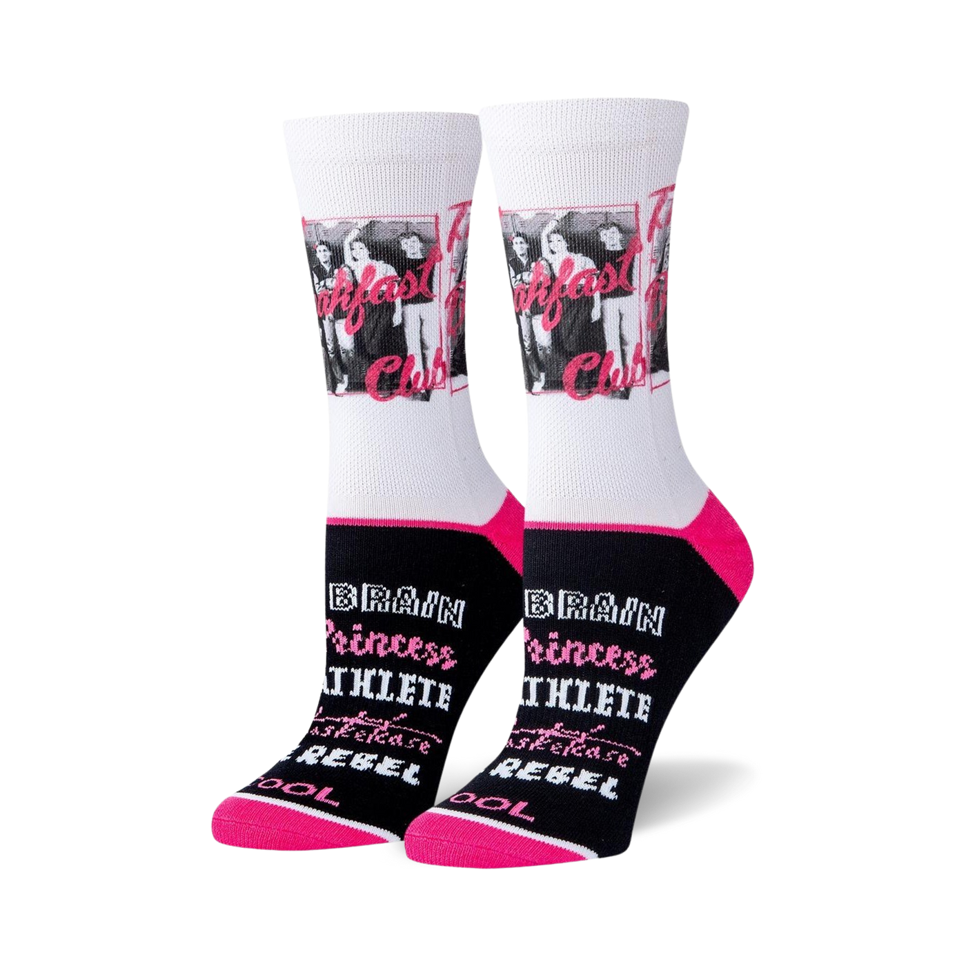 Pair of white crew socks with a black and pink trim. Features The Breakfast Club movie image and phrases like 'Brain' and 'Rebel'.