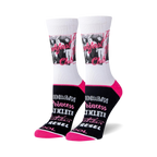 Pair of white crew socks with a black and pink trim. Features The Breakfast Club movie image and phrases like 'Brain' and 'Rebel'.