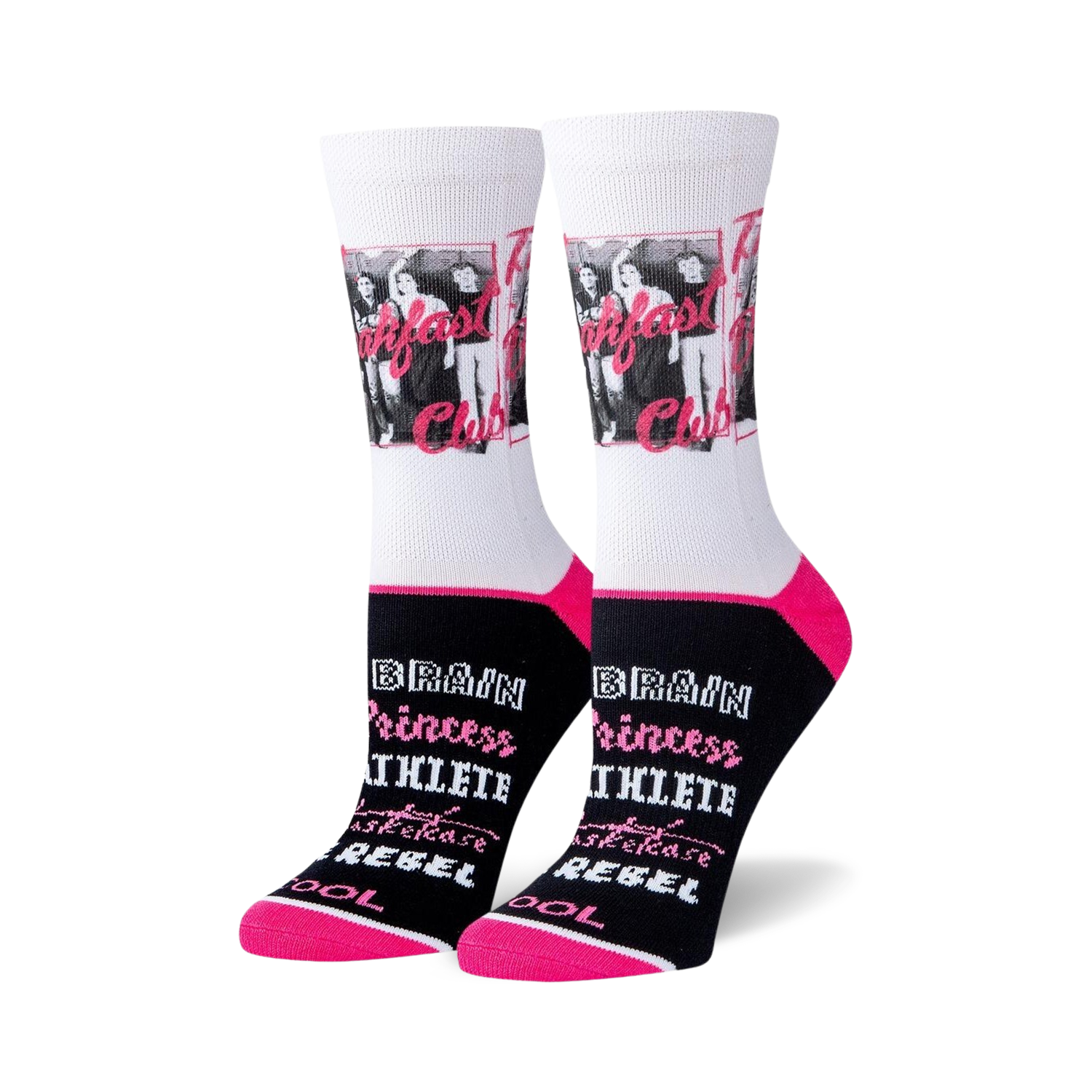 Pair of white crew socks with a black and pink trim. Features The Breakfast Club movie image and phrases like 'Brain' and 'Rebel'.