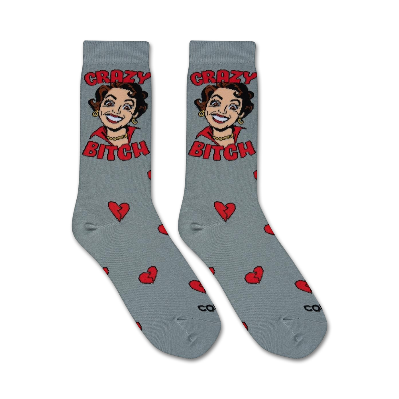 Flatlay product shot showing two 'Crazy Bitch' socks laid flat, showcasing the full sock design and pattern.