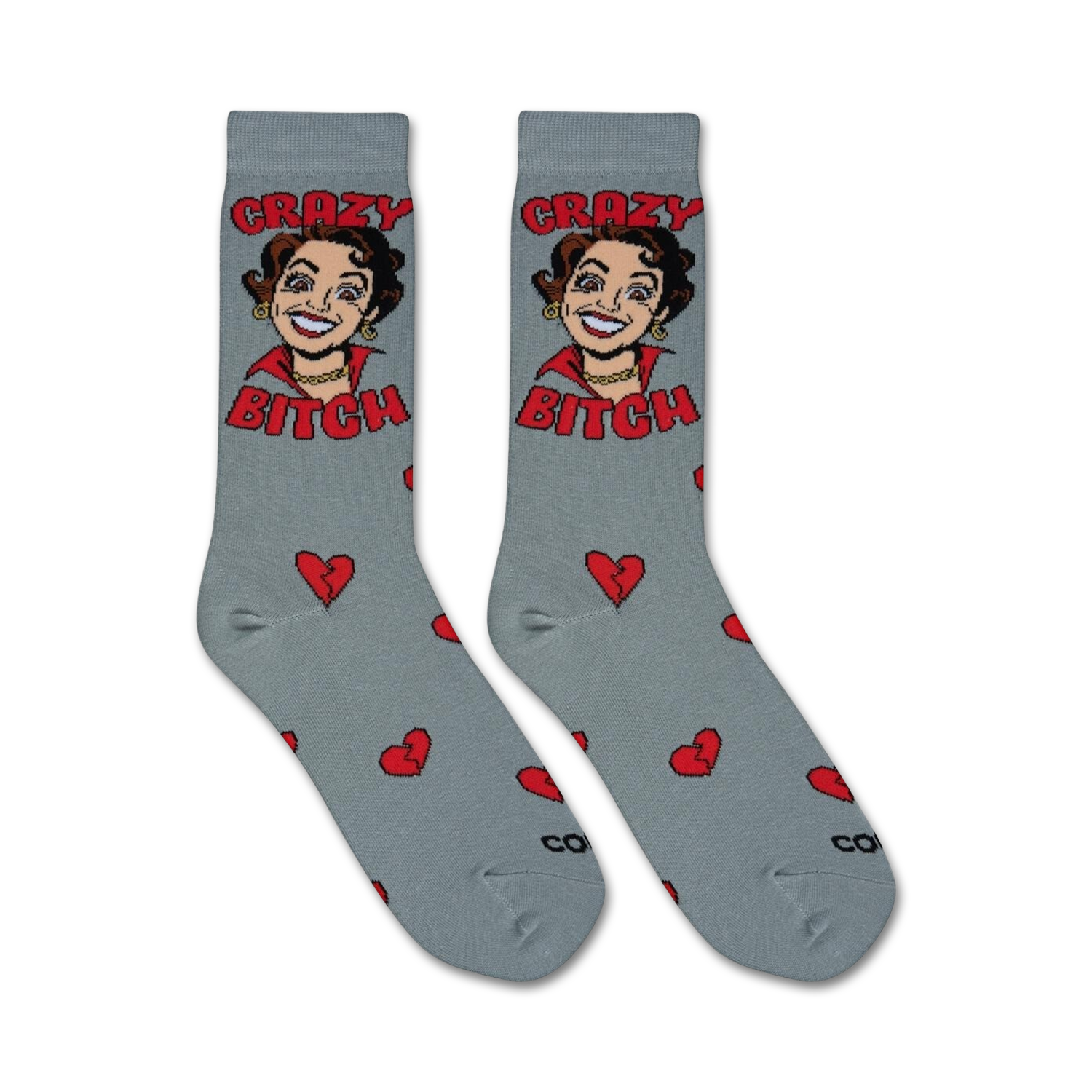 Flatlay product shot showing two 'Crazy Bitch' socks laid flat, showcasing the full sock design and pattern.