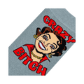 Close-up detail shot focusing on the cartoon woman's face and 'Crazy Bitch' text on the sock.
