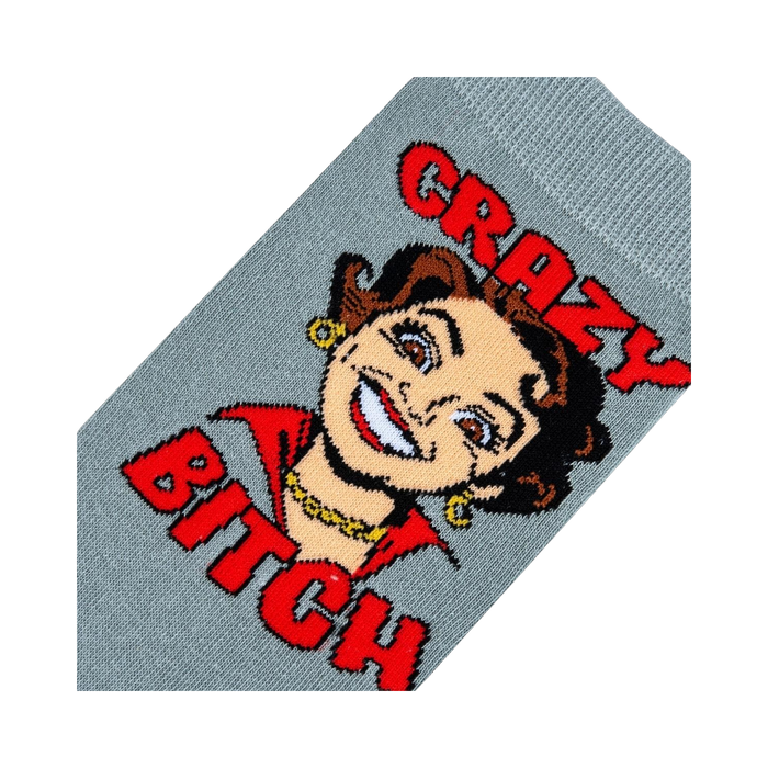 Close-up detail shot focusing on the cartoon woman's face and 'Crazy Bitch' text on the sock.