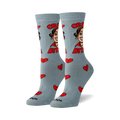 Pair of women's crew socks; light grey with a sassy cartoon woman graphic, 'Crazy Bitch' text, and red broken heart accents.