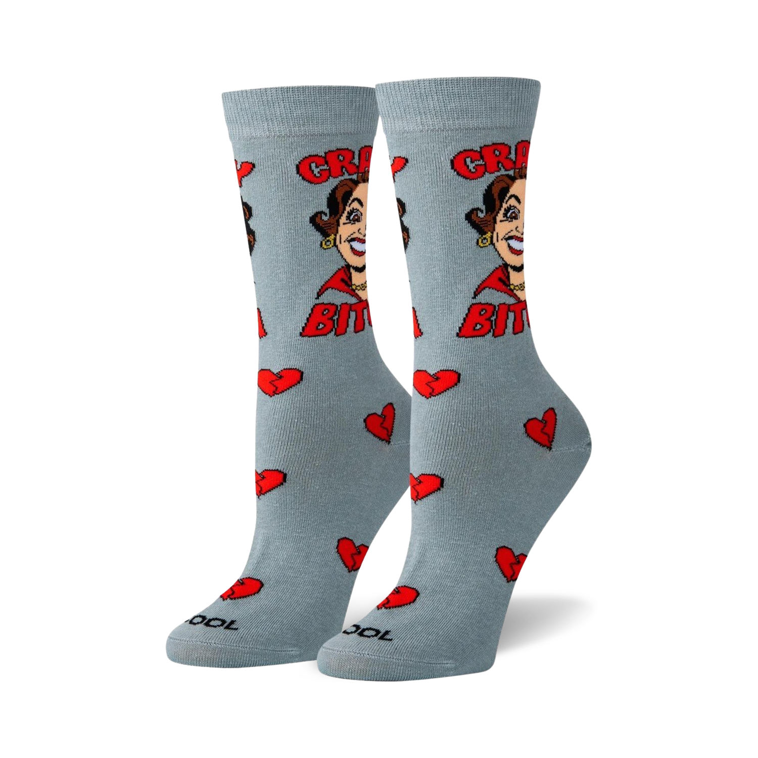 Pair of women's crew socks; light grey with a sassy cartoon woman graphic, 'Crazy Bitch' text, and red broken heart accents.