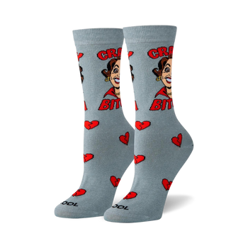 crazy bitch crew socks, gray with red broken hearts, "crazy" and "bitch" printed in white.   