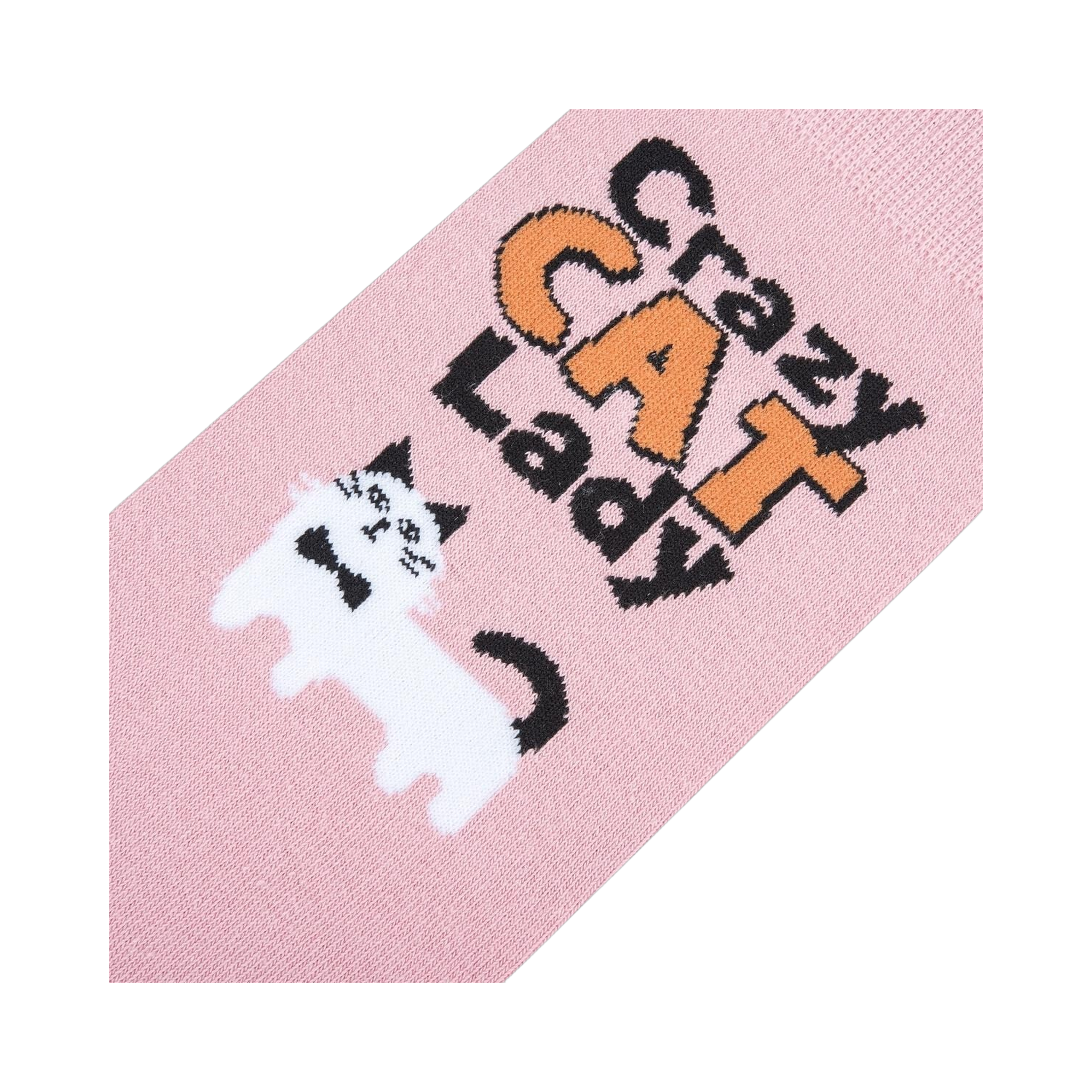 Close-up detail of the sock's design, highlighting the text and cat illustration.