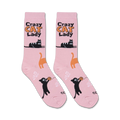 Pair of pink crew socks with a playful design. Features black, orange, and white cats, along with the text 'Crazy Cat Lady'.