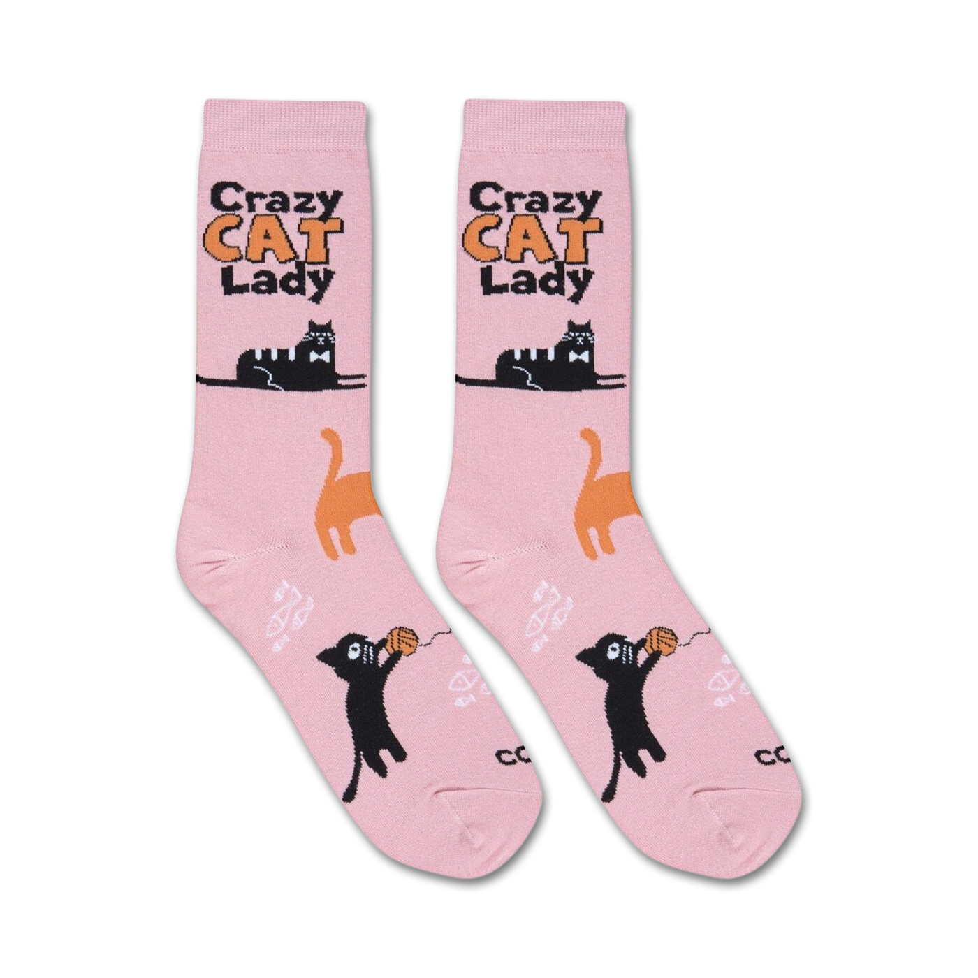 Pair of pink crew socks with a playful design. Features black, orange, and white cats, along with the text 'Crazy Cat Lady'.