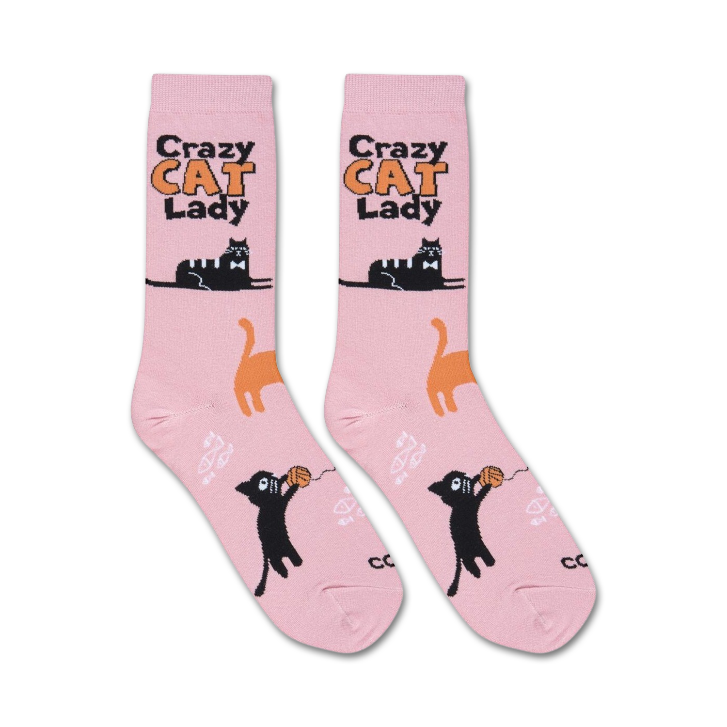 Pair of pink crew socks with a playful design. Features black, orange, and white cats, along with the text 'Crazy Cat Lady'.