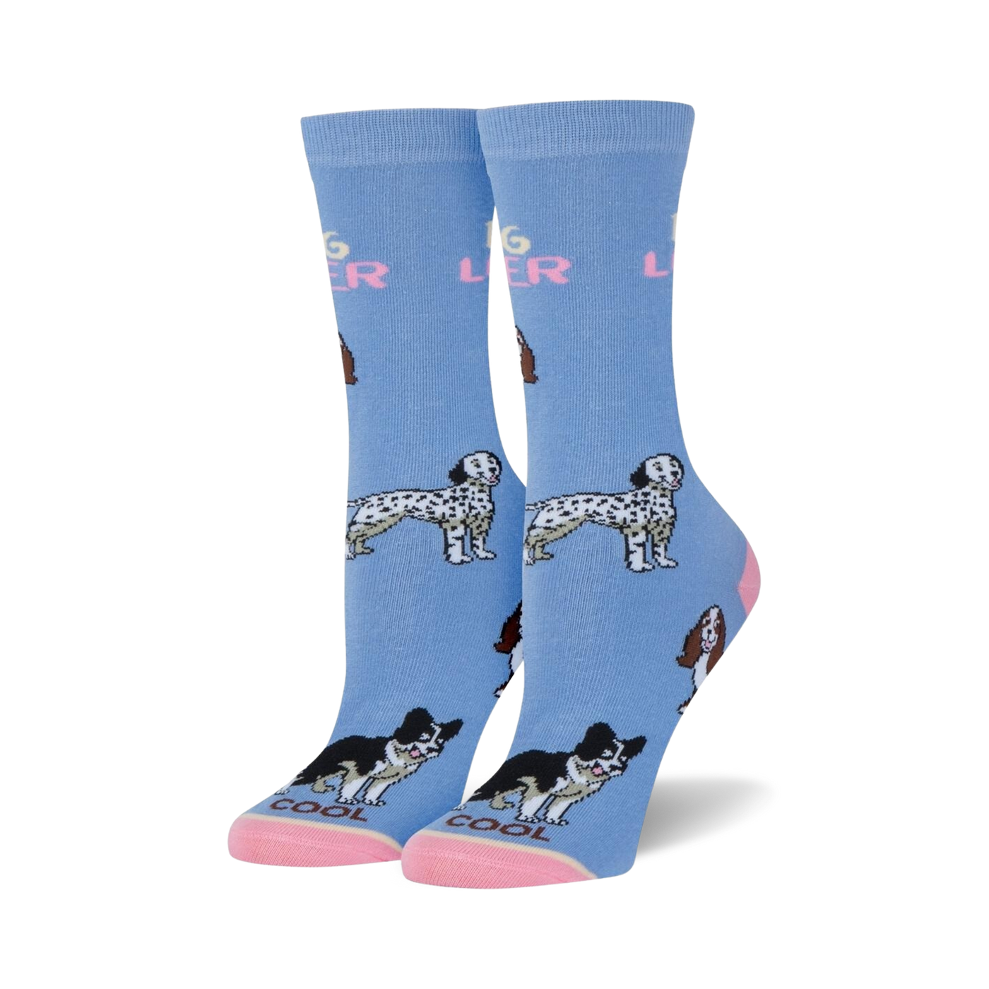 Lifestyle shot of a person wearing the Dog Lover socks, showcasing how they look when worn.