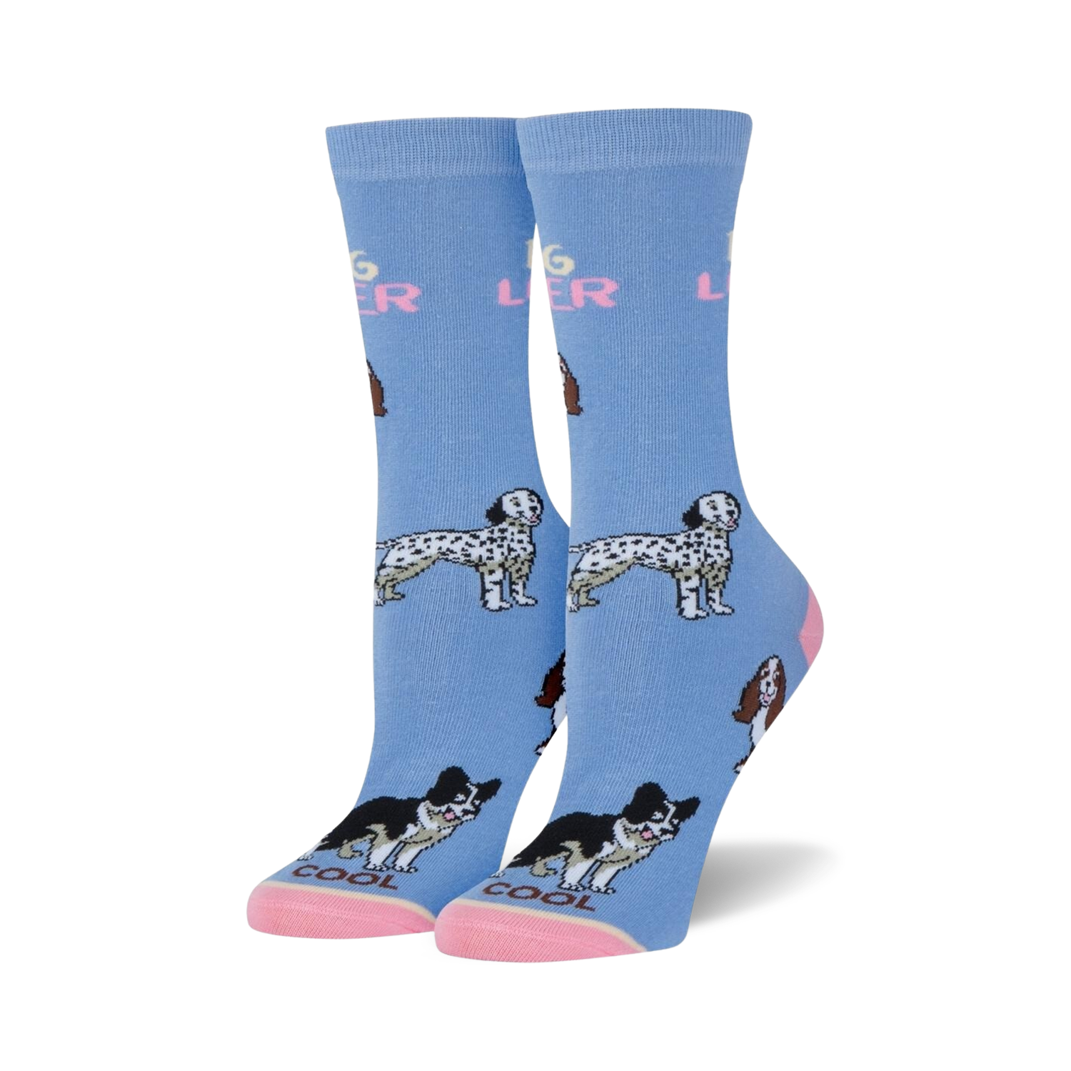 Lifestyle shot of a person wearing the Dog Lover socks, showcasing how they look when worn.