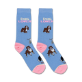 Pair of crew socks in light blue with pink accents. Features various dog breeds and the text 'Dog Lover' repeated.