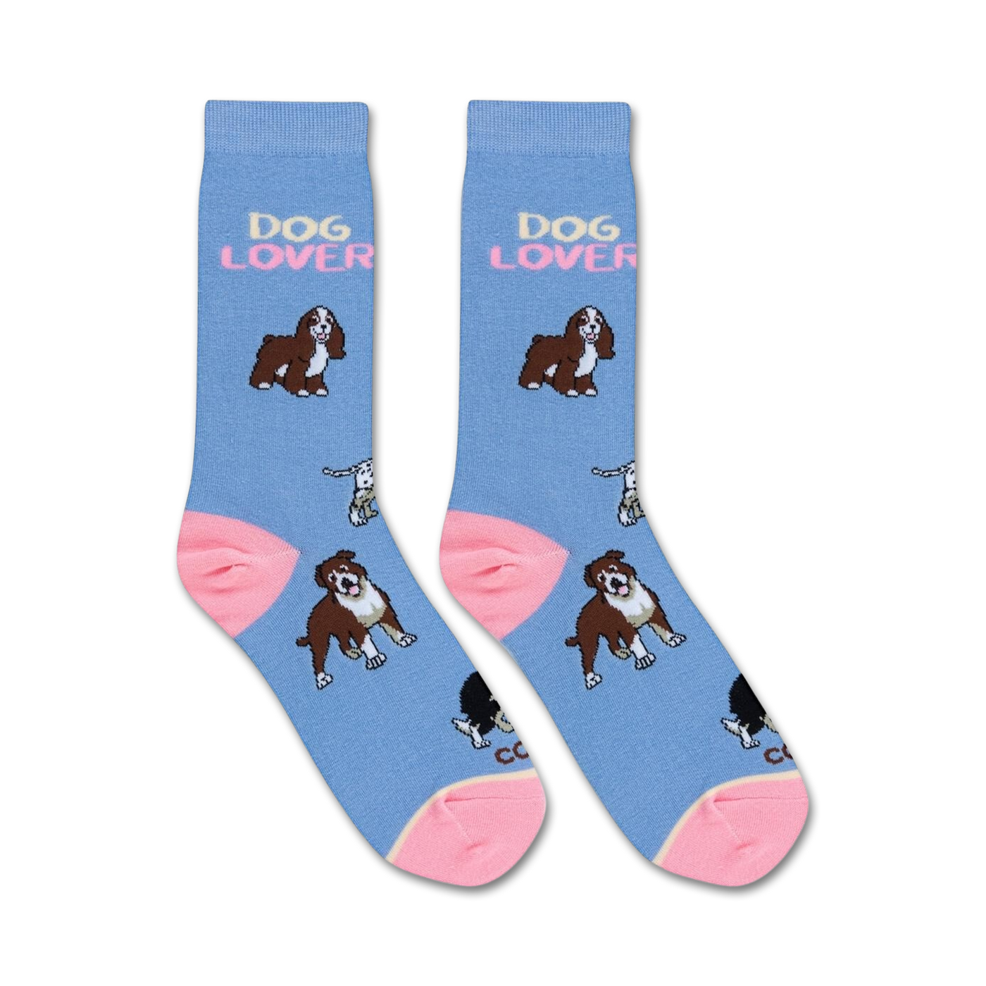 Pair of crew socks in light blue with pink accents. Features various dog breeds and the text 'Dog Lover' repeated.