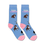 Pair of crew socks in light blue with pink accents. Features various dog breeds and the text 'Dog Lover' repeated.