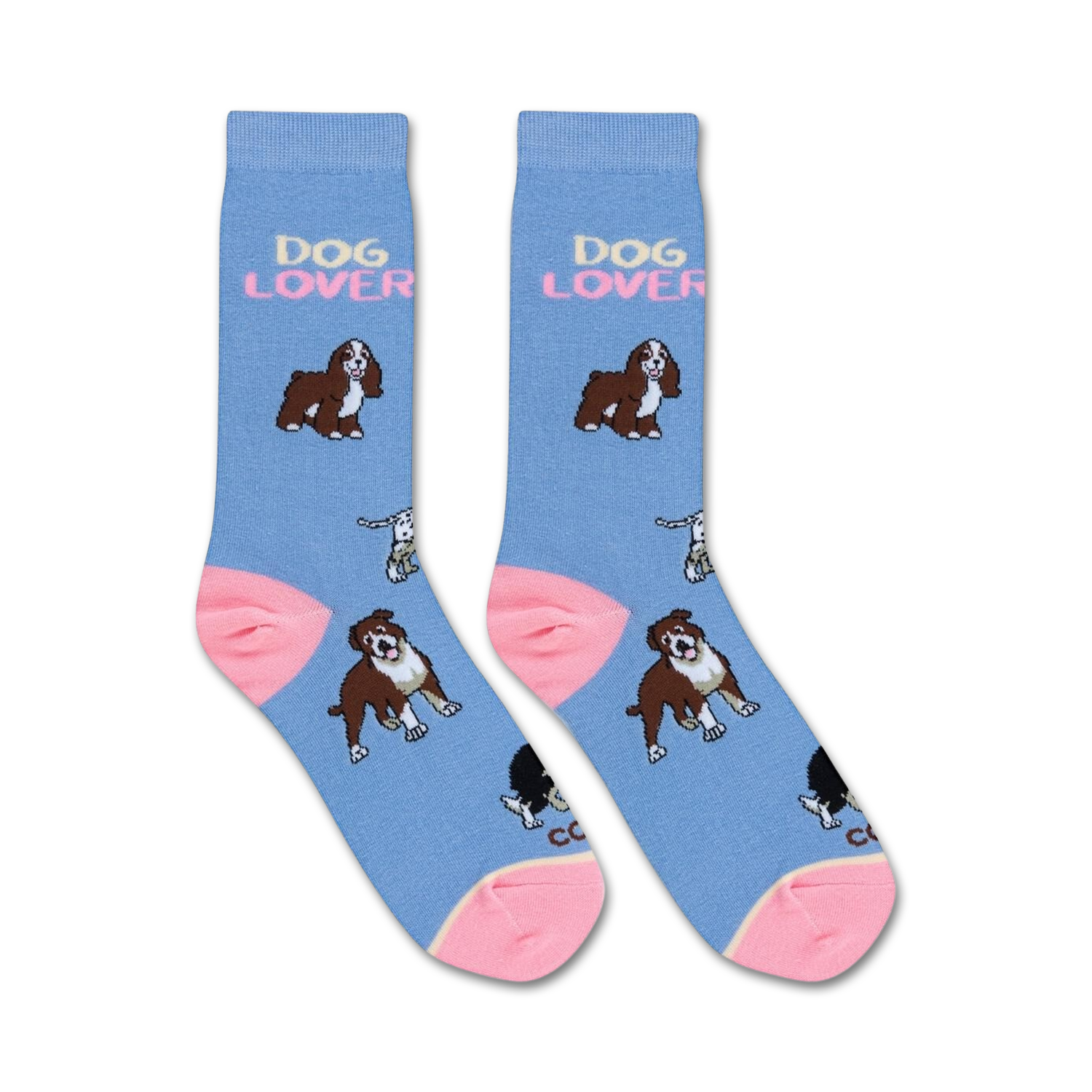 Pair of crew socks in light blue with pink accents. Features various dog breeds and the text 'Dog Lover' repeated.