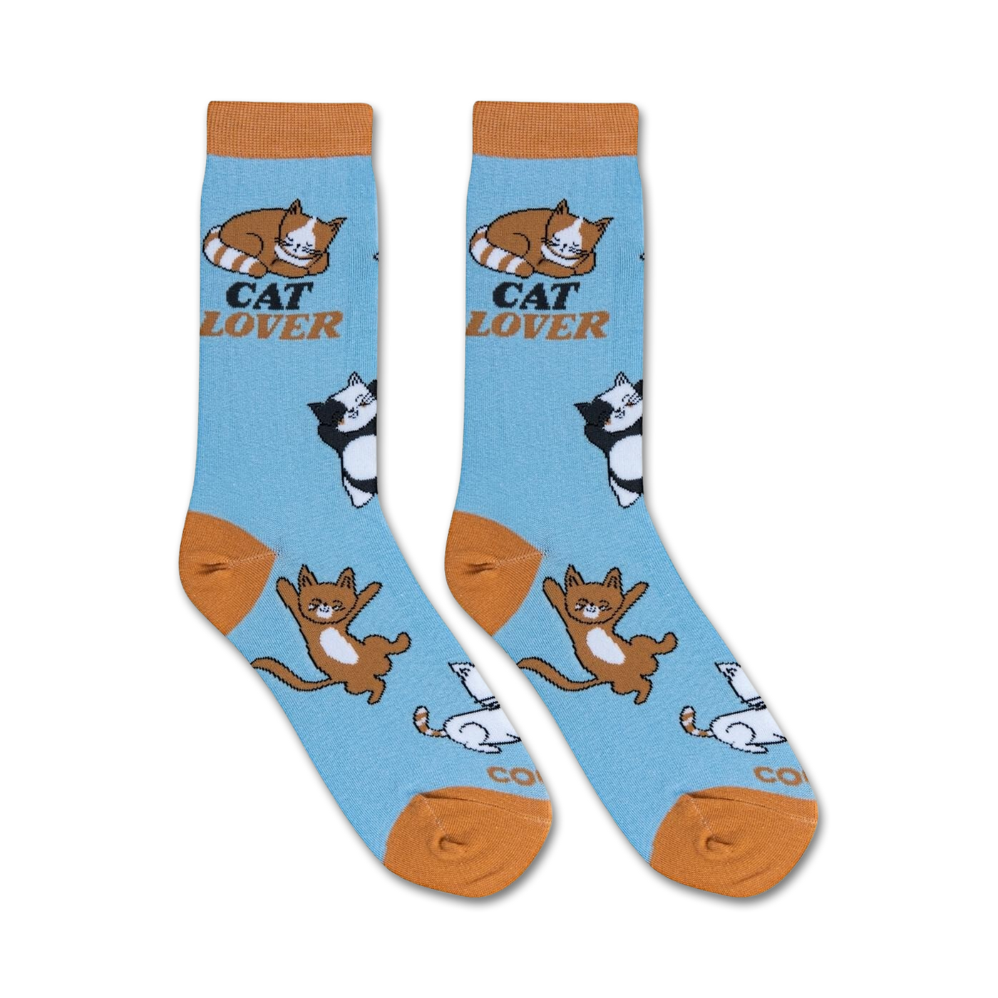Lifestyle shot of two pairs of 'Cat Lover' socks casually displayed.