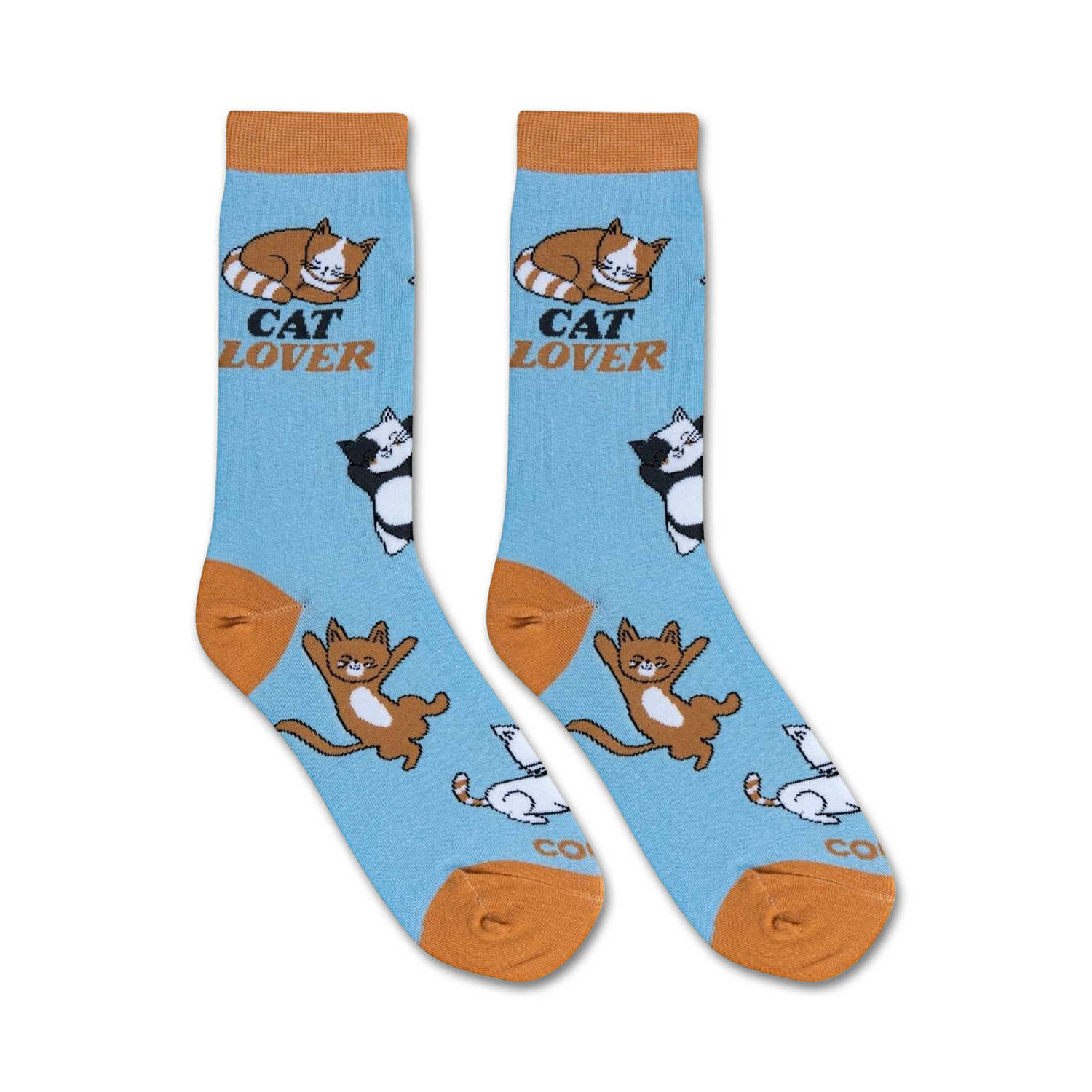 Lifestyle shot of two pairs of 'Cat Lover' socks casually displayed.