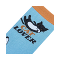 Close-up detail of the sock's fabric and 'Cat Lover' graphic.