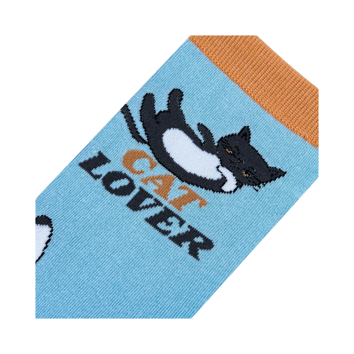 Close-up detail of the sock's fabric and 'Cat Lover' graphic.