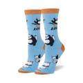 Pair of women's crew socks in light blue with orange cuffs.  The design features playful illustrations of cats and the text 'CAT LOVER'.