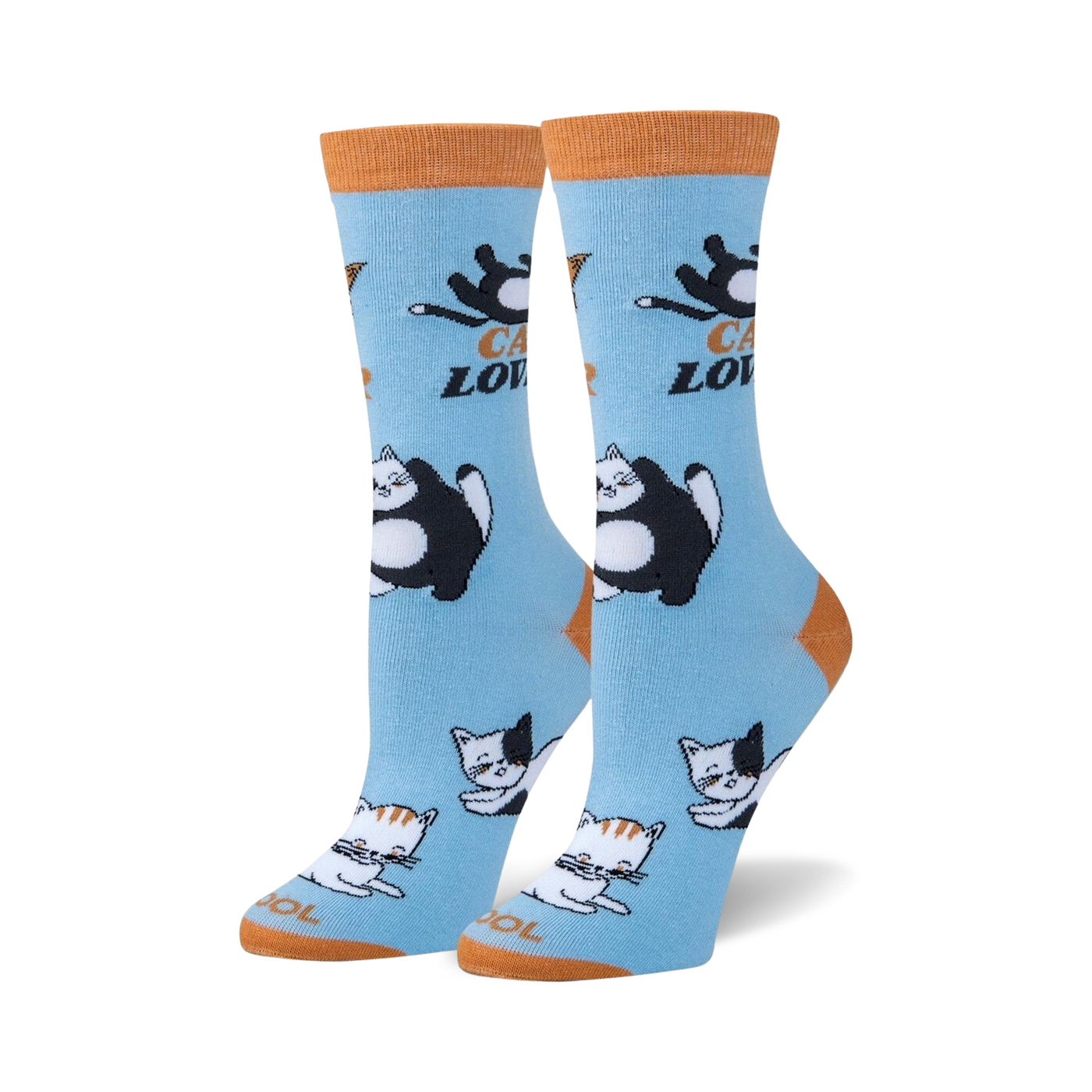 Pair of women's crew socks in light blue with orange cuffs.  The design features playful illustrations of cats and the text 'CAT LOVER'.
