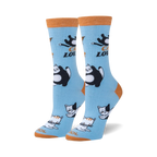 Pair of women's crew socks in light blue with orange cuffs.  The design features playful illustrations of cats and the text 'CAT LOVER'.