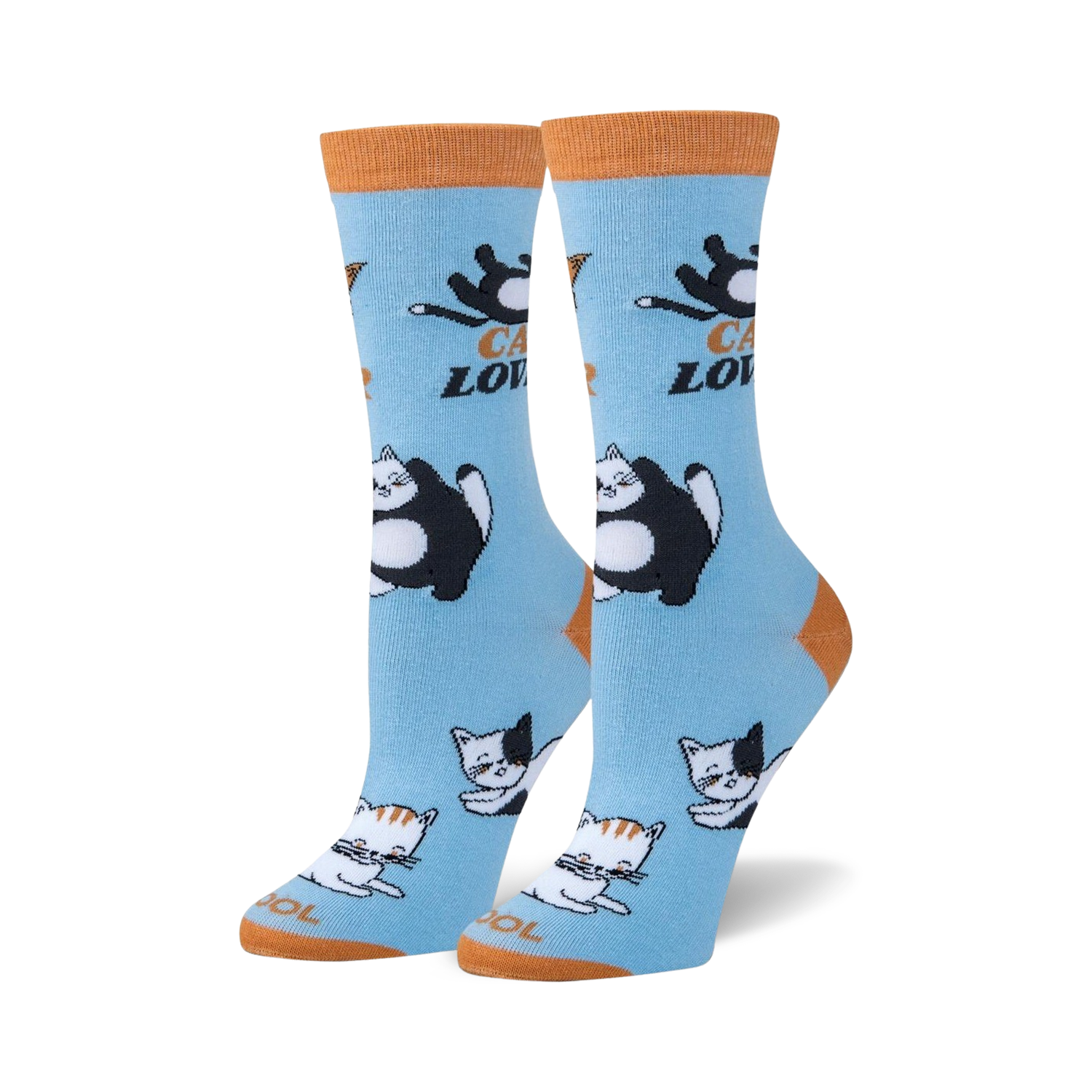 Pair of women's crew socks in light blue with orange cuffs.  The design features playful illustrations of cats and the text 'CAT LOVER'.