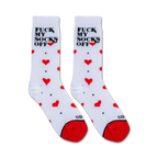 Flat lay showcasing a pair of 'Fuck My Socks Off' socks, highlighting the design details.