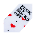 Close-up detail shot of the sock's playful design: red hearts and the phrase 'Fuck My Socks Off'.