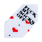 Close-up detail shot of the sock's playful design: red hearts and the phrase 'Fuck My Socks Off'.