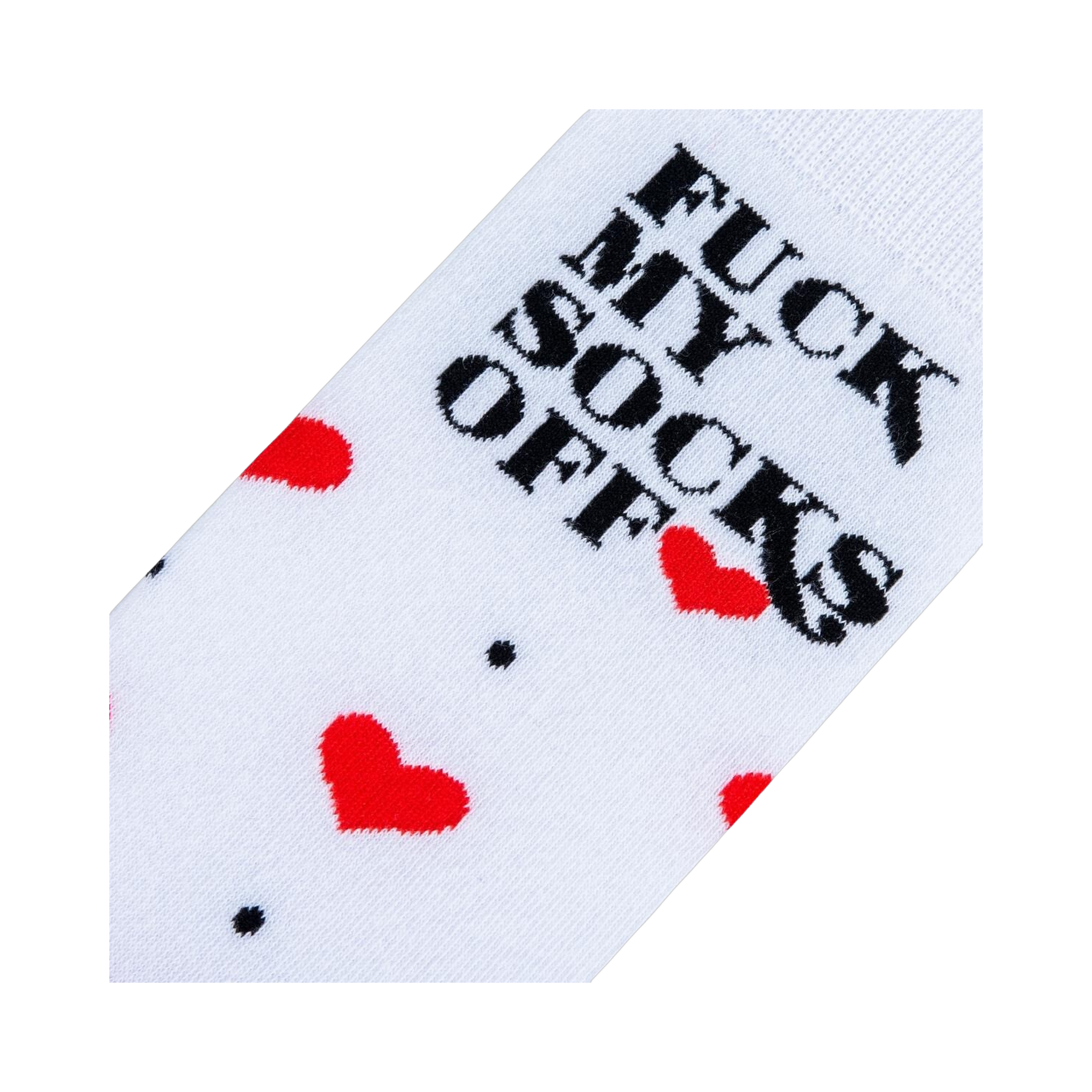 Close-up detail shot of the sock's playful design: red hearts and the phrase 'Fuck My Socks Off'.