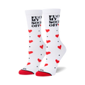 Pair of white crew socks with red hearts and the phrase 'Fuck My Socks Off' in black lettering.