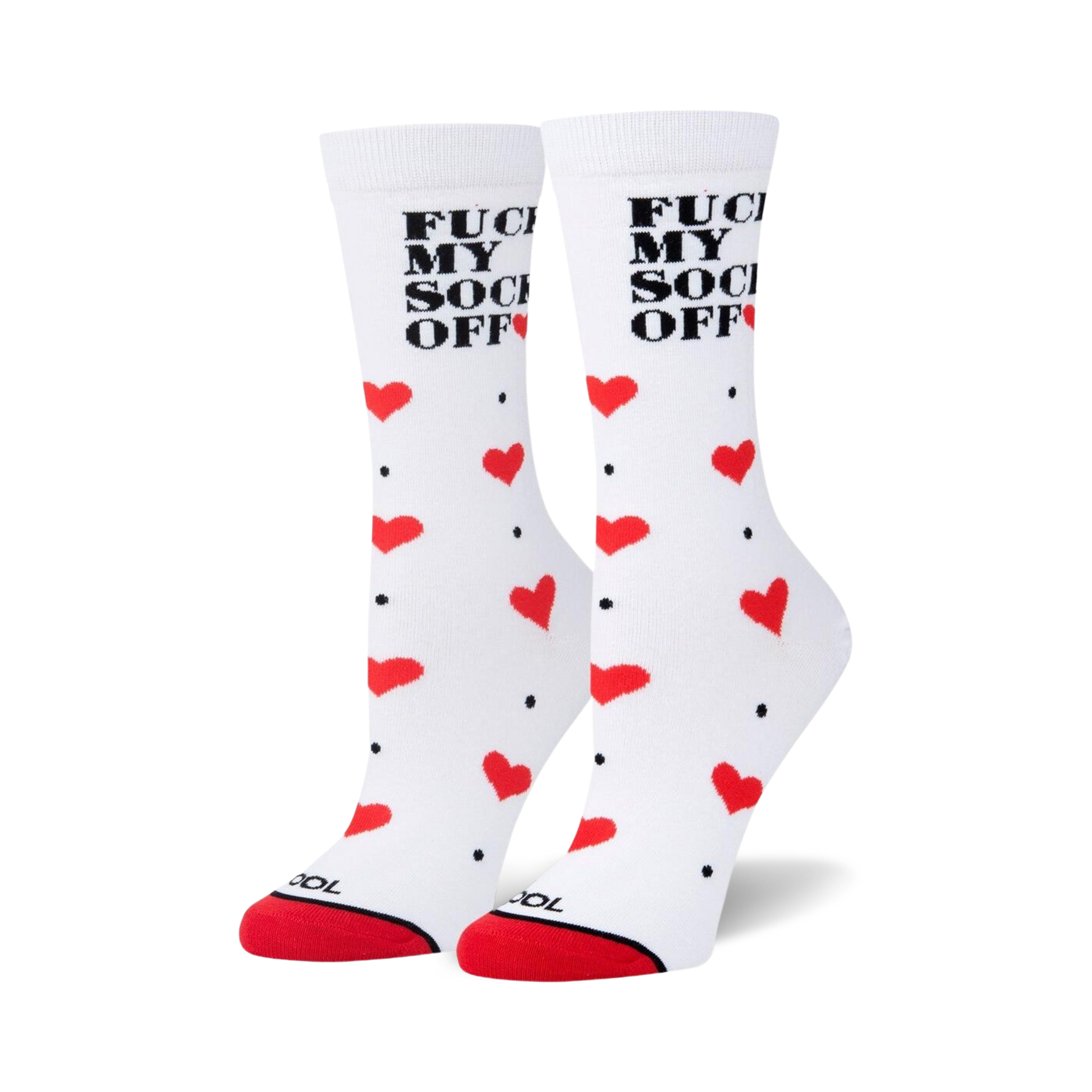 Pair of white crew socks with red hearts and the phrase 'Fuck My Socks Off' in black lettering.