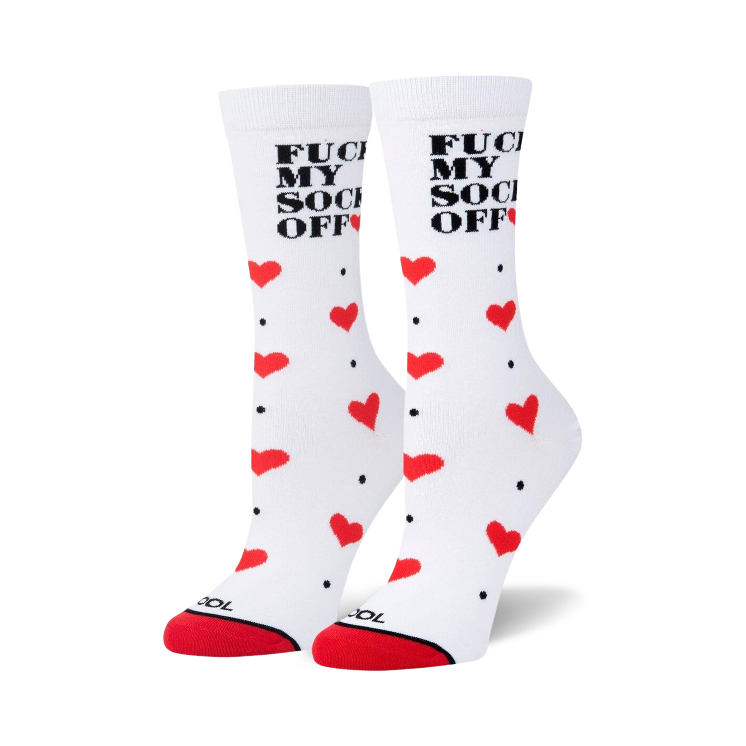 Pair of white crew socks with red hearts and the phrase 'Fuck My Socks Off' in black lettering.