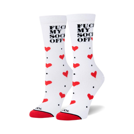 white, red, and black crew socks with "fuck my socks off" text.   