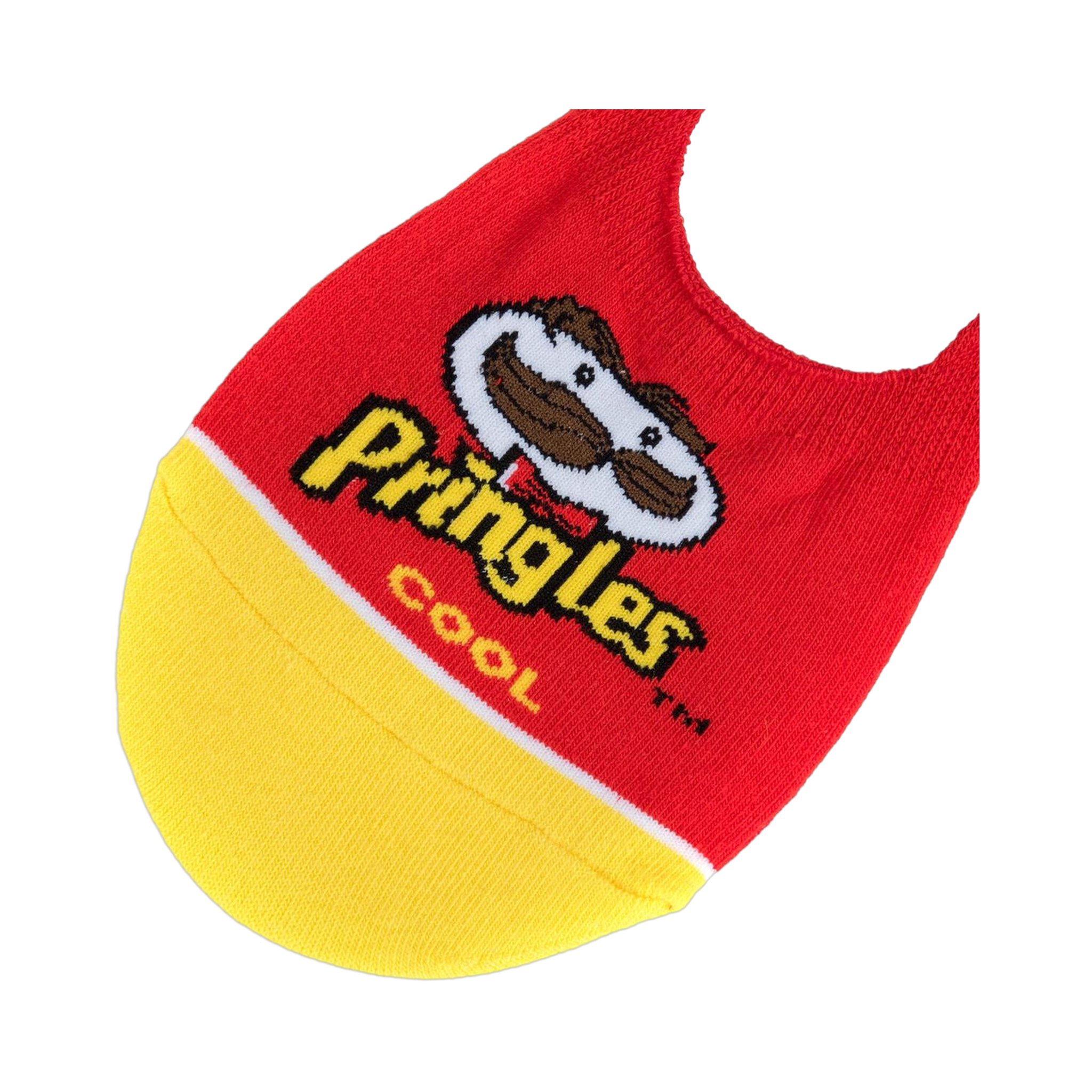 Close-up of a single Pringles Cool no-show sock, showcasing the detailed logo and color scheme.