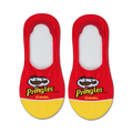 Pair of red and yellow no-show socks featuring the Pringles logo and mascot.