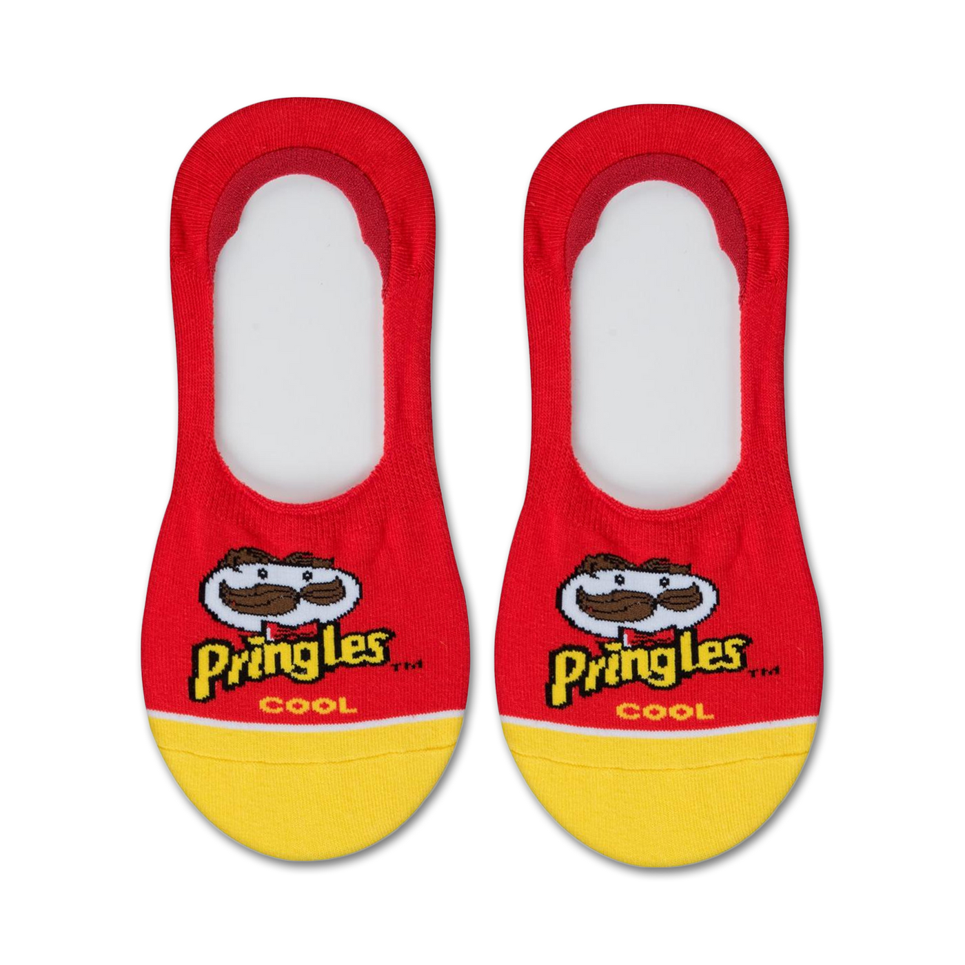 Pair of red and yellow no-show socks featuring the Pringles logo and mascot.