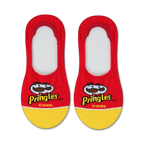 Pair of red and yellow no-show socks featuring the Pringles logo and mascot.
