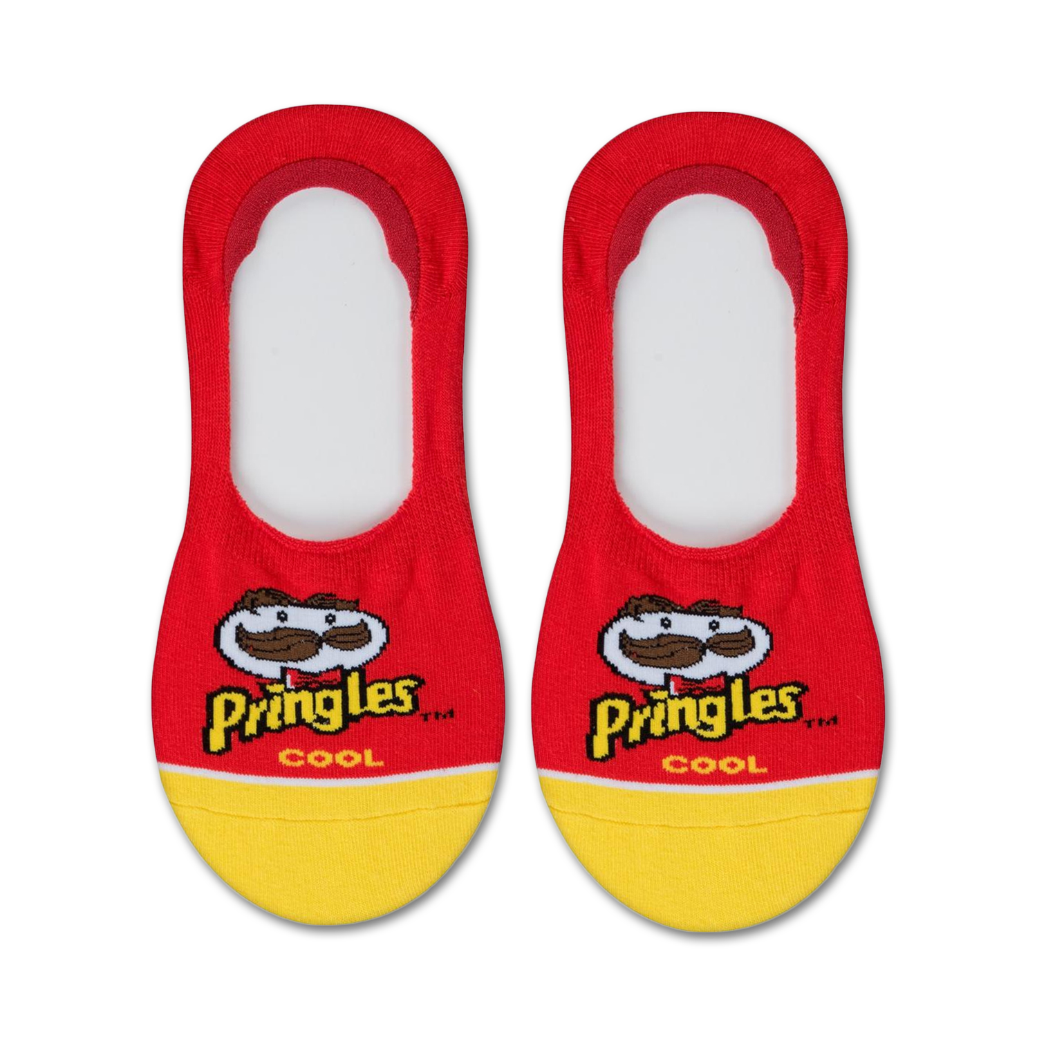 Pair of red and yellow no-show socks featuring the Pringles logo and mascot.