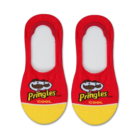 women's red liner socks with yellow toe and heel featuring pringles logo and julius pringles mascot.  