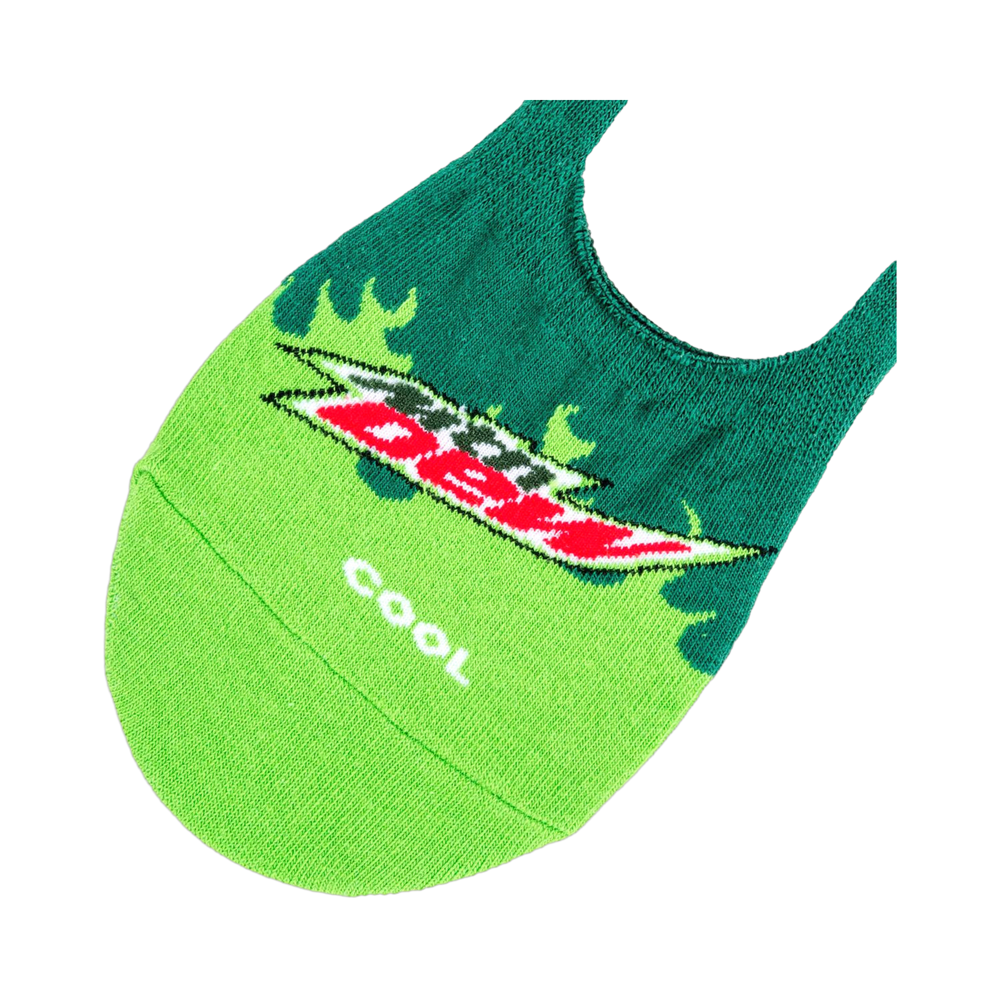 Close-up detail shot of a single Mountain Dew no-show sock, showcasing the logo and color details.